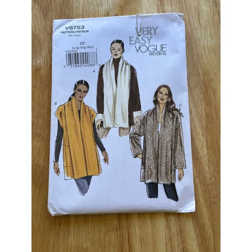 Vogue # V8753 Jacket Sewing Pattern Sizes lRG - XXL SKU 0259 UNCUT